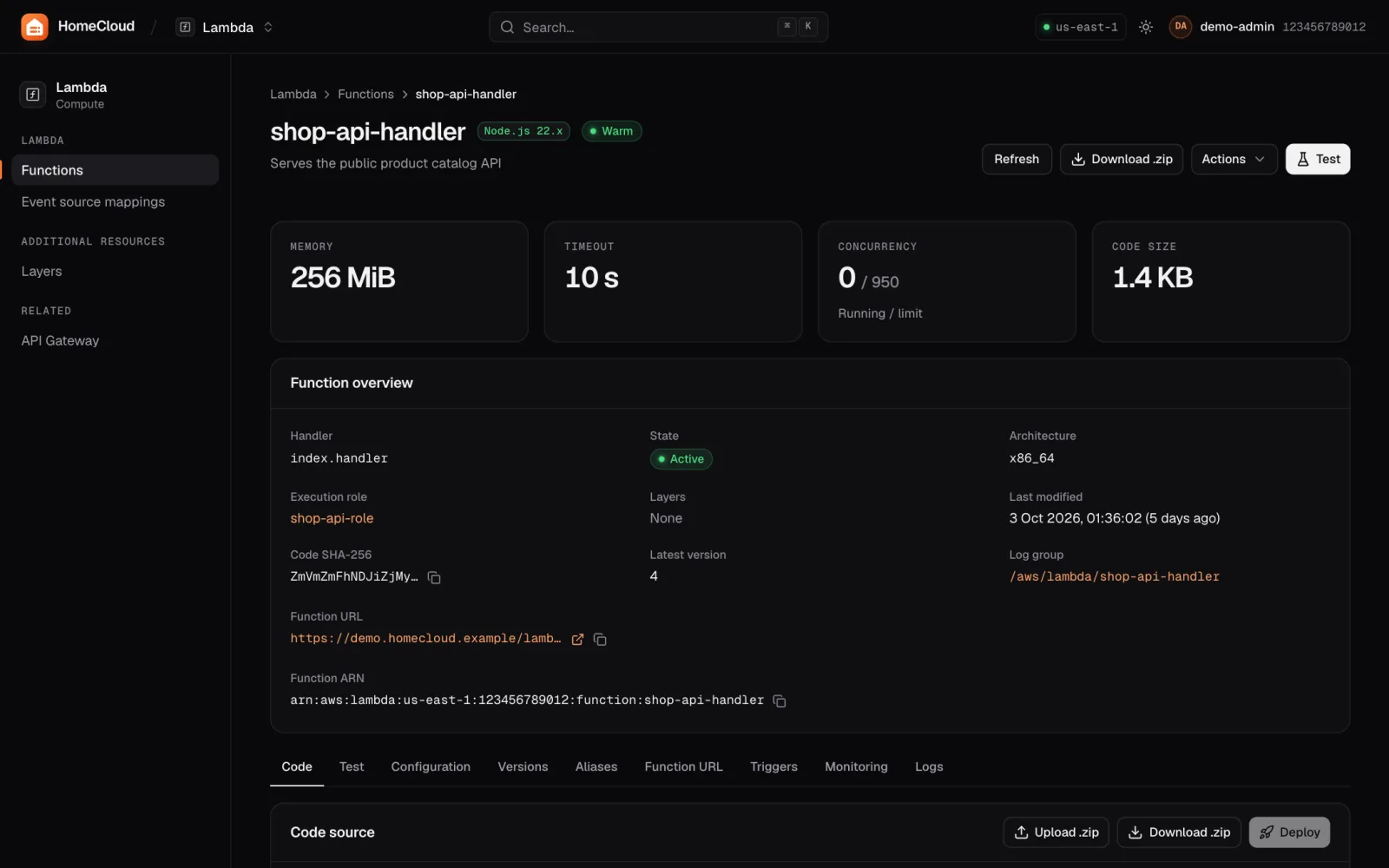 A Lambda function page with its configuration and code editor.